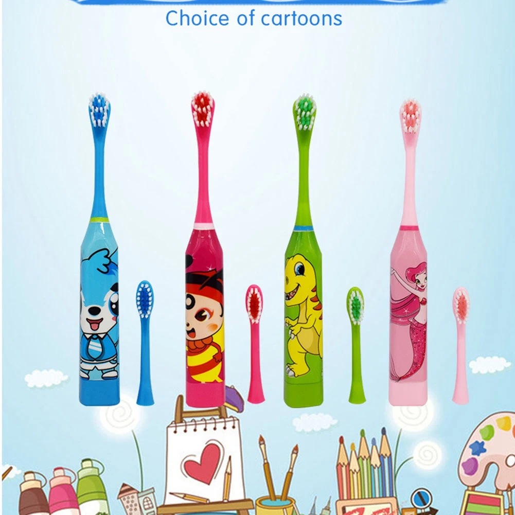 Brosse à dents électrique sonique pour enfants, motif de dessin animé, tête de brosse à dents remplaçable, brosse à dents à ultrasons verte