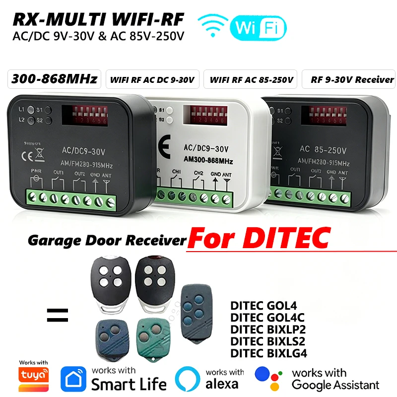 

RX MULTI Work With Tuya 300-868MHz WIFI Receiver For DITEC GOL4 GOL4C BIXLP2 BIXLS2 BIXLS2 BIXLG4 Garage Door Remote Control