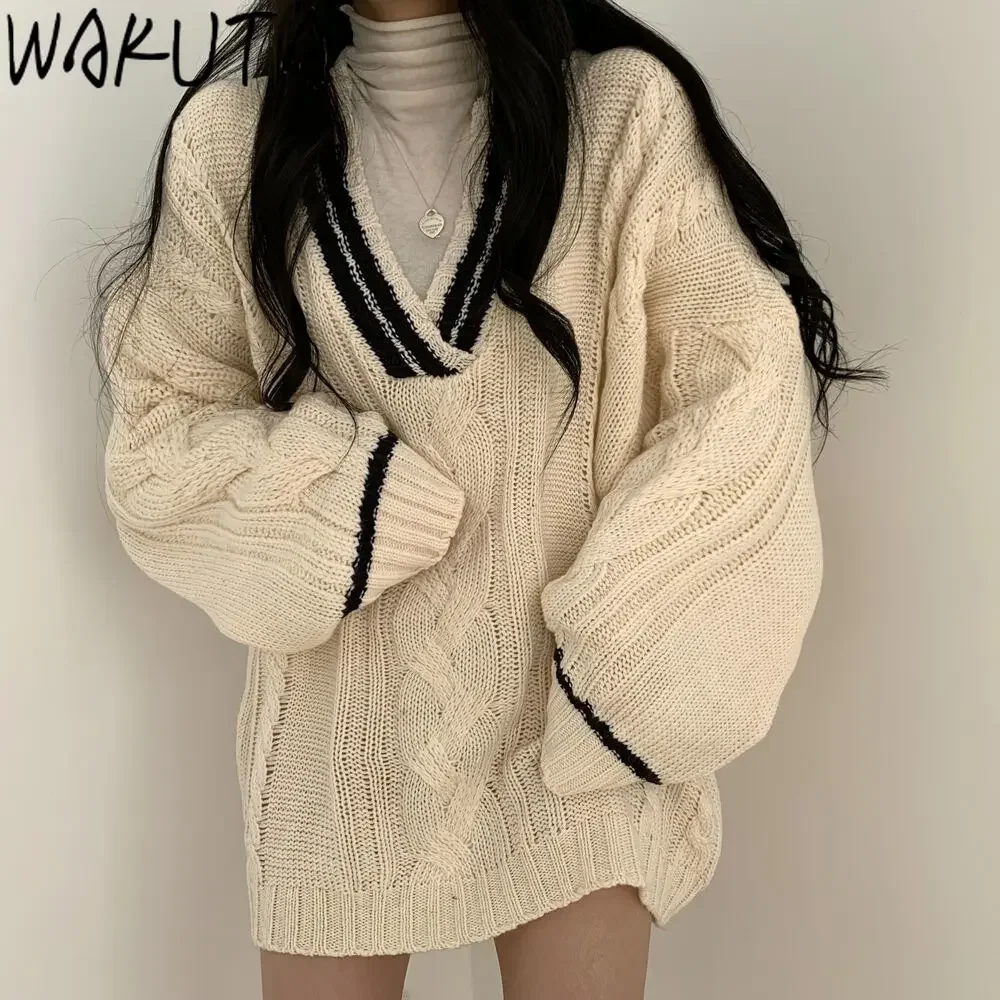 WAKUTA Korean 2024 Women Sweater Oversized V Neck Puff Long Sleeve Pullovers Autumn Winter Vintage Thicken Knitted Tops Elegant