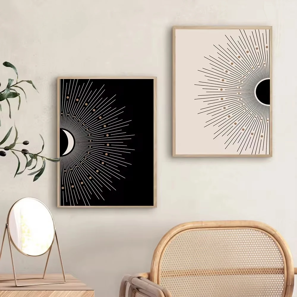 

Boho Beige Black Art Print Mid Century Modern Geometric Sun Moon Poster Abstract Canvas Painting Wall Pictures Living Room Decor