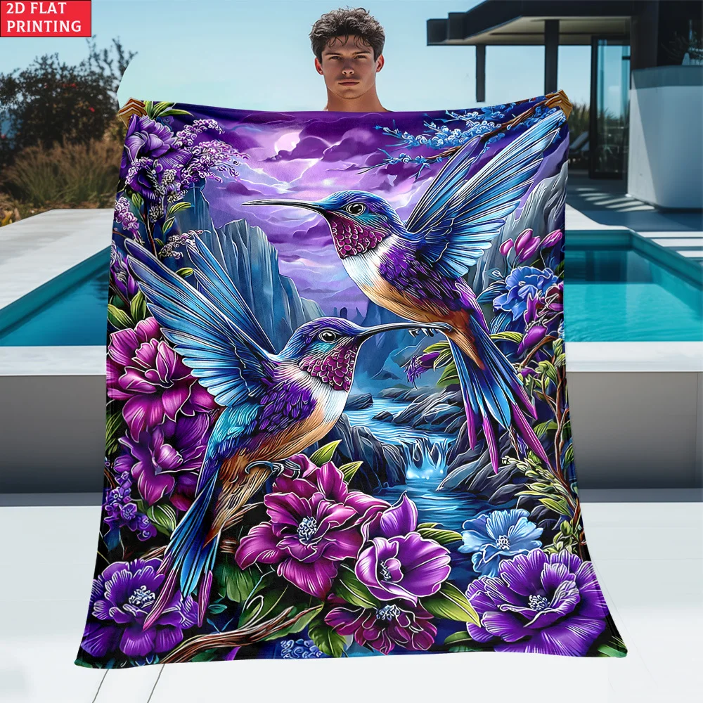 1pc Hummingbird And Flowers 2D Flat Printing Outdoor Blanket - Lightweight Fleece, Suitable for Camping, Picnics, Hiking, Travel