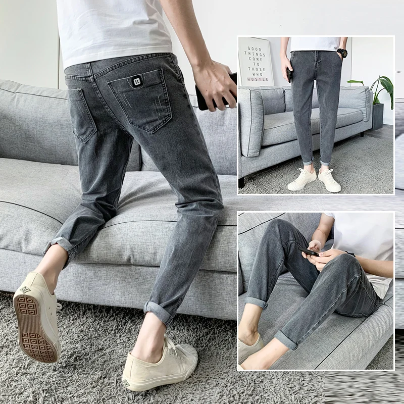 

Spring Autumn Men's Slim Fit Jeans Faionable Korean Sle Casual Nine Point Long Pants mid Waist Zipper ket Detail Denim