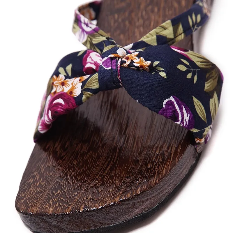 Sabots en bois pour femmes, pantoufles à fleurs de Style ethnique chinois, sandales Geta, chaussures tongs Kimono Cosplay