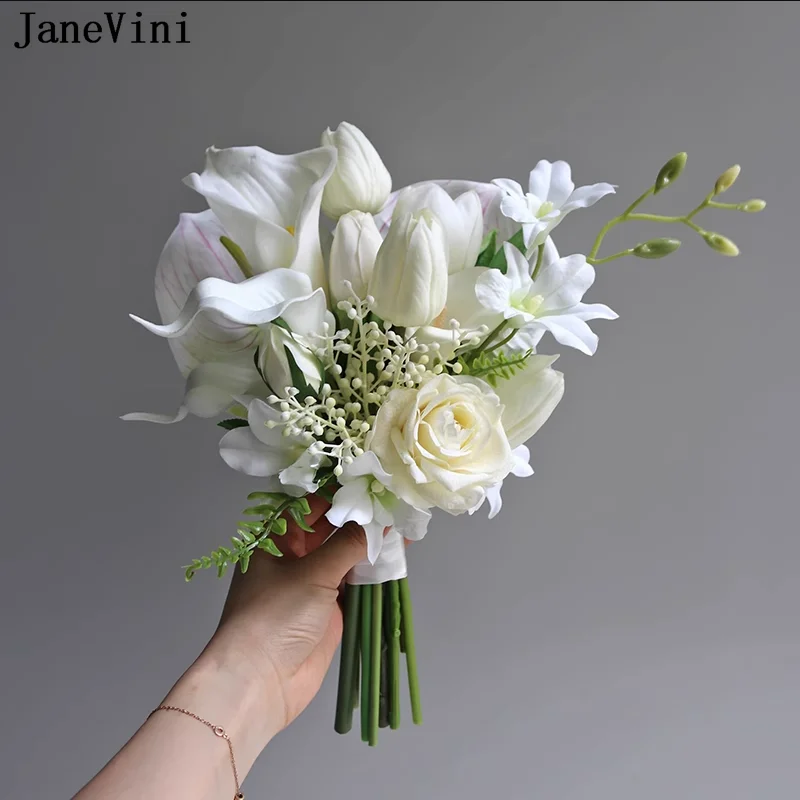 JaneVini 2023 White Calla Lily Wedding Flowers Bridal Bouquets Artificial Real Touch Tulip Bride Silk Flower Bouquet Mariage