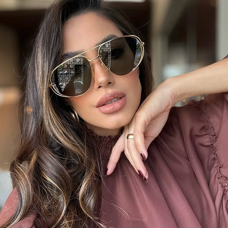 

Double beam elliptical small frame women's sunglasses fashionable personalized high-end pilot sunglasses outdoor driving sunglas