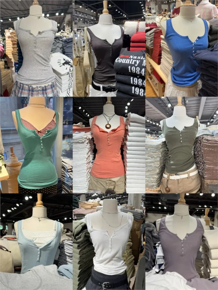 Six Buttons Slim Tank Top Women Summer Streetwear Casual U Collar Sleeveless Cotton Vest Simple All-match Preppy Style Tops Y2K