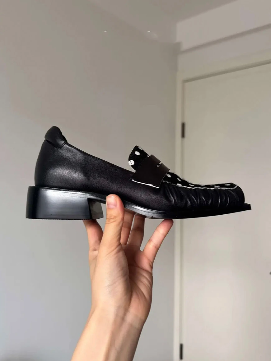 Women's Black Leather Polka Dot Square Toe Loafers Ruched Detail with Penny Strap for Retro Preppy Avant-Garde Fashion Statement