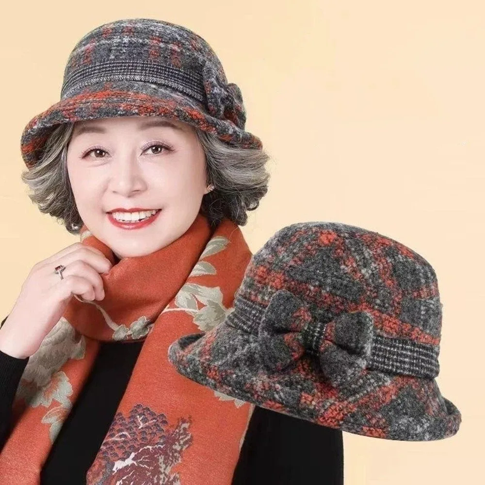 Ladies Thickened Middle Aged Women Bucket Hat Windproof Foldable Bow Top Hat Warm Faux Woolen Cloche Hat Daily Wear