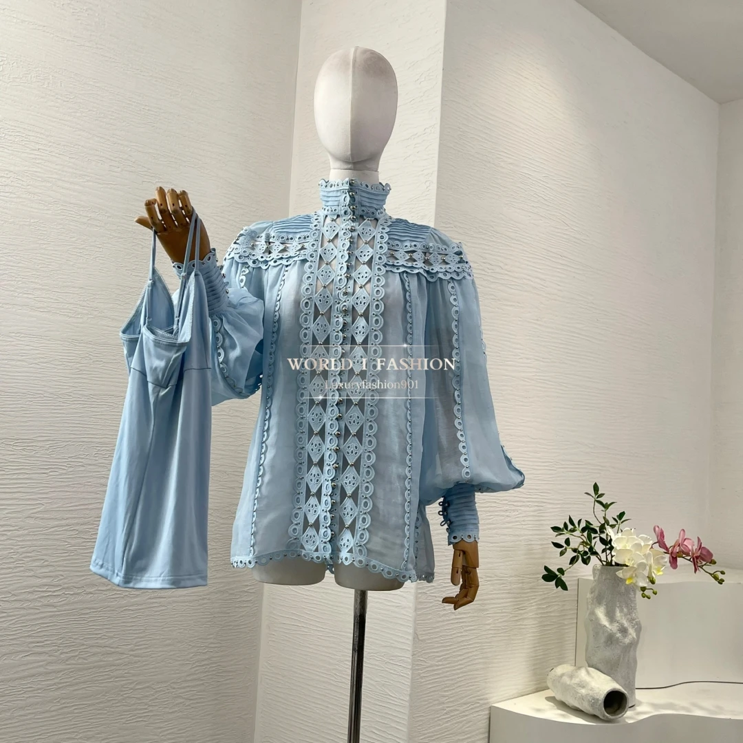 

White Long Sleeve Embroidery Beading Cut Out Blouse Tops 2025 New Design