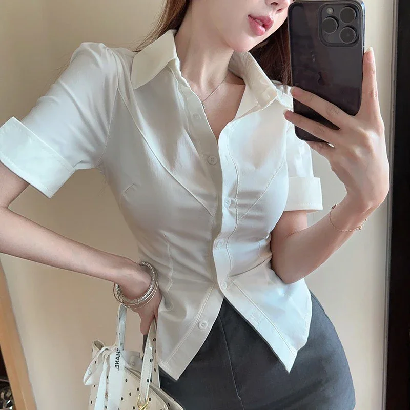 White Sexy Slim Fit Blouse Women Summer Waist Slimming Turn Down Collar Cropped Shirts Woman Y2K Fashion Button Up Crop Tops