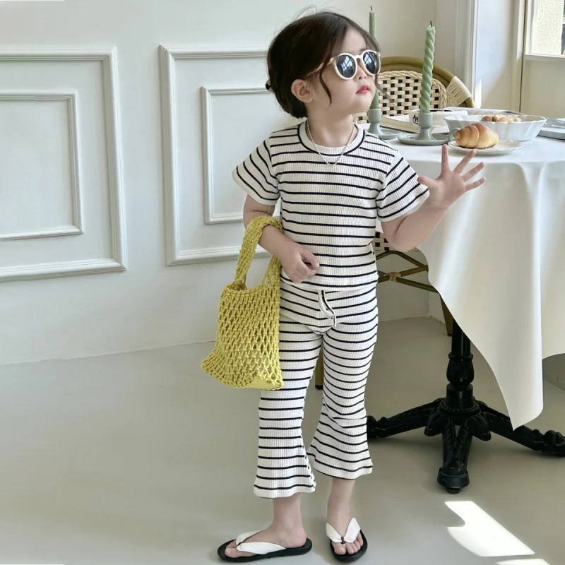 

Baby Casual Suits Two-Piece Set Of Round Neck Soft Breathable Chic Striped Short-Sleeved T-Shirt Trousers For 3-9 Years Girls