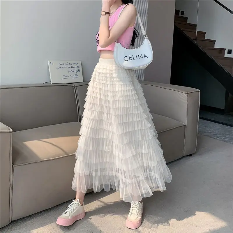 Summer Cake Style Long A-Line  Skirt Women's Net Gauze High Waist Slimming Skirts Casual Polyester Fiber Spandex Elastic