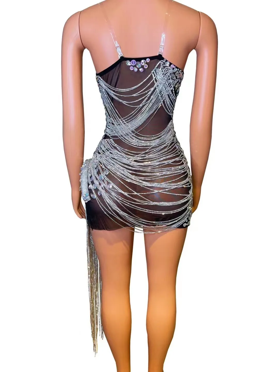 فستان سهرة أنيق فاخر ولامع ومنظور أسود من حجر الراين فستان سهرة شفاف للجسم من Flecos Vestidos Elegantes Mujer De Fiesta