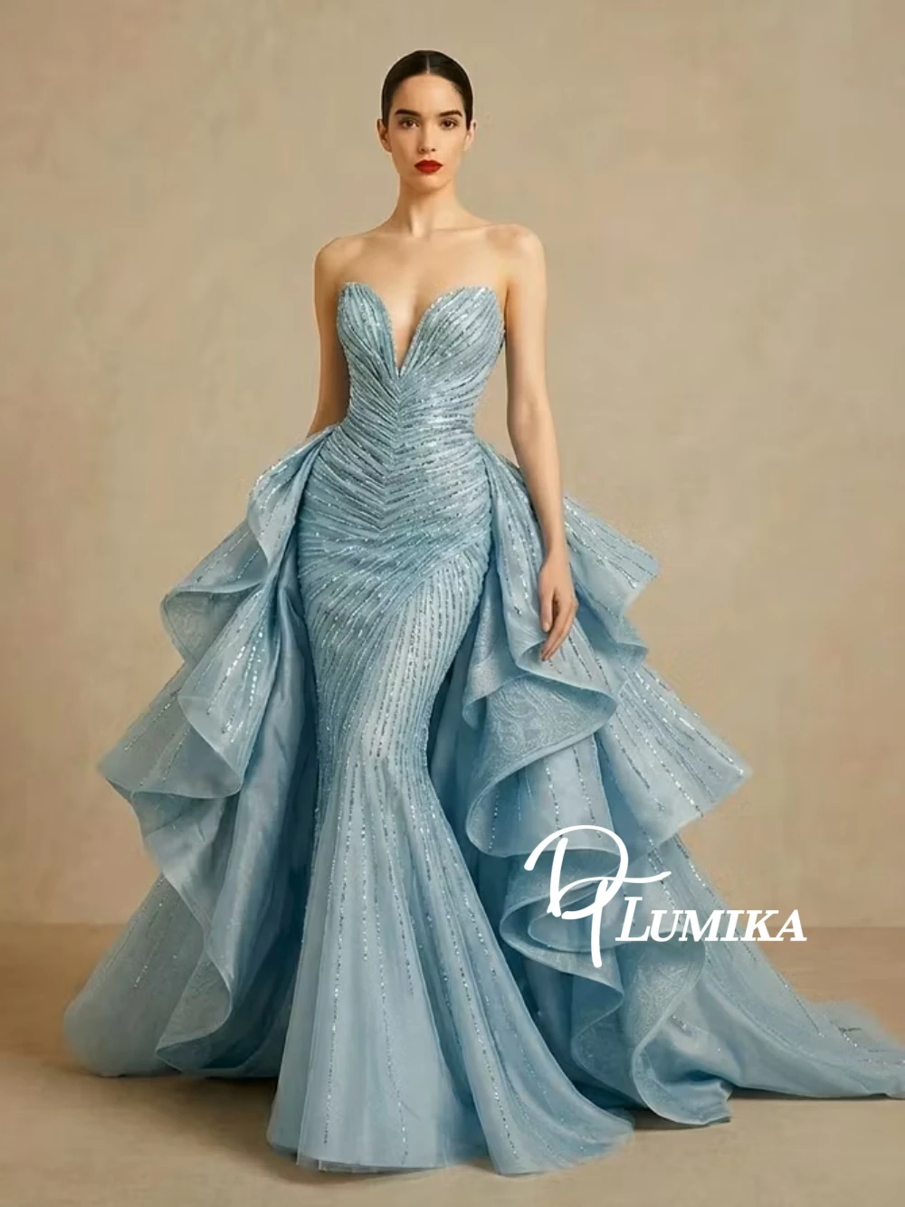 

DTLumika Light Blue 2 in 1 Evening Dress Tiered Ruffled Overskirt Beaded Sequined Sweetheart V Neck Formal Prom Gown Customized
