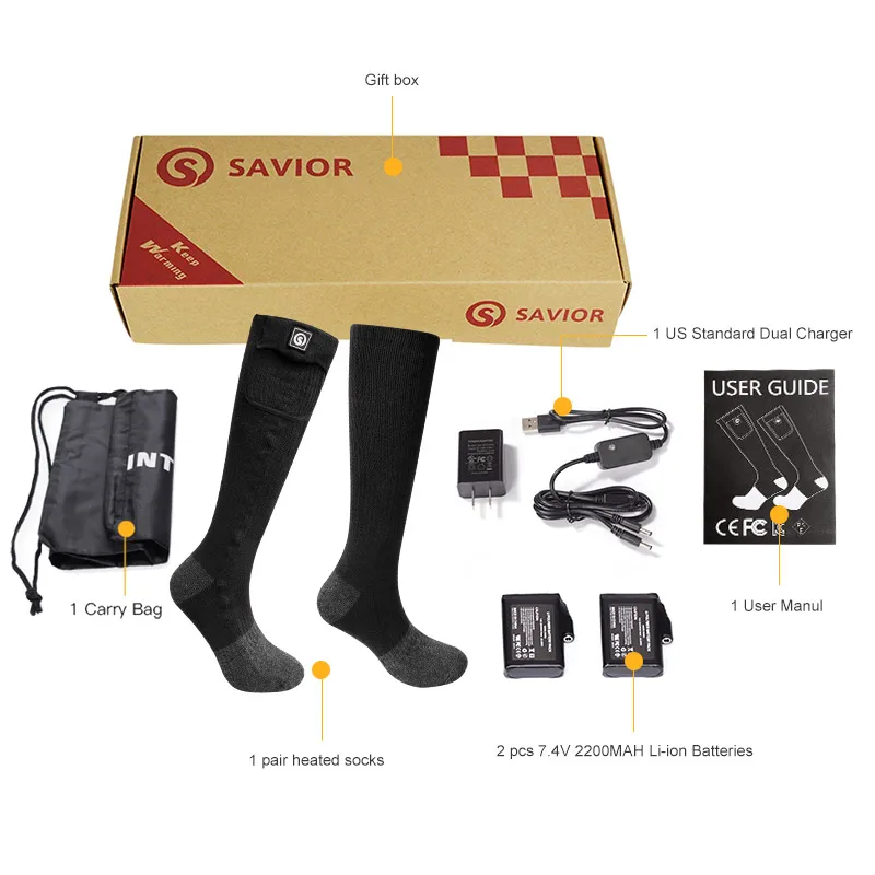 Savior Heat Winter Heated Socks Men Rechargeable Electric Heated Ski Sock Thermal Stockings Woman Warm Feet for Snowmobile