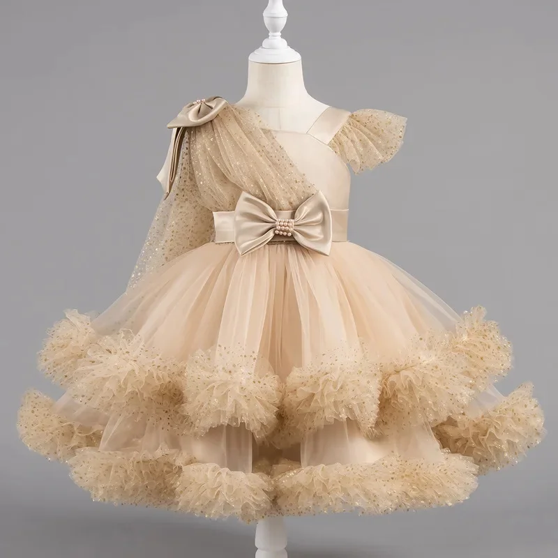 

Elegant Flower Girls Sequins Layered Bow Tulle Princess Dress For Children Formal Evening Birthday Party Wedding Bridesmaid Gown