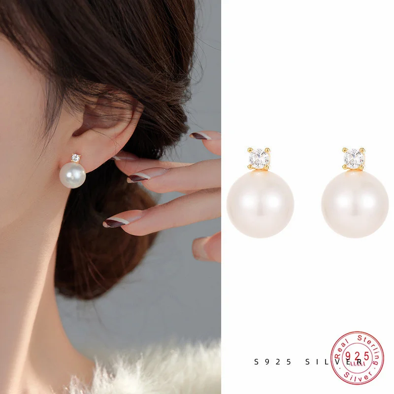 

925 Sterling Silver Circle Crystal Pearl Dazzling Stud Earrings Luxury Fine Jewelry For Women Anniversary Gift