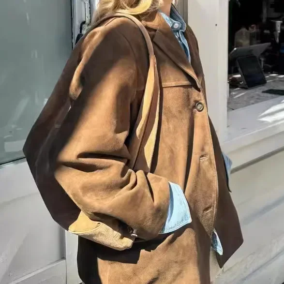 

Women Chic Brown Casual Suede Jackets Lapel Long Sleeve Single Breasted Pockets Coats Autumn Solid Office Lady Commuting Tops