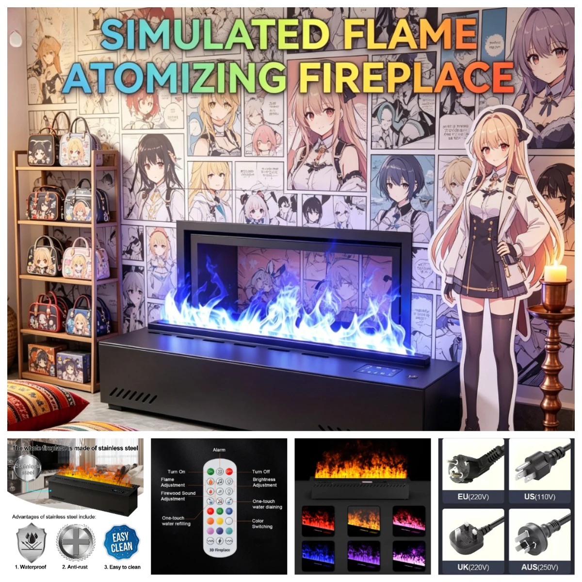 2026 Smart 3D Atomized Fireplace LED Colorful Flame ECO Water Vapor Electric Fireplace for Living Room TV Wall Decor