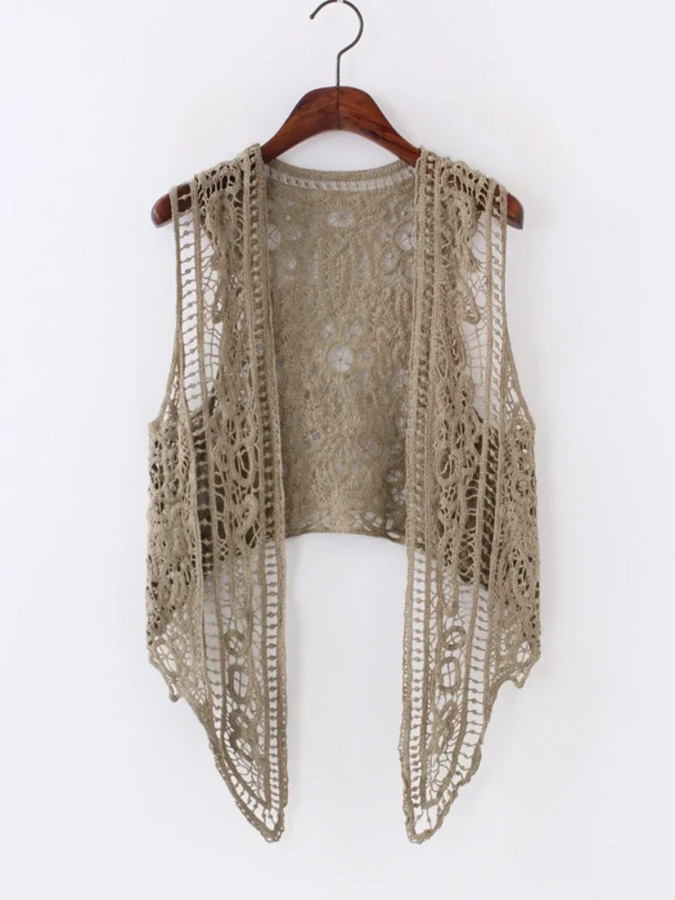 Asymmetric Open Stitch Cardigan Summer Beach Boho Hippie People Style Crochet Knit Embroidery Blouse sleeveless Vest 2022