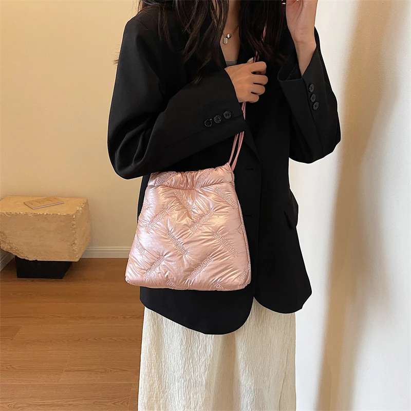 LEFTSIDE Sivler Small Casual Soft Cotton Padded Design Drawstring Crossbody Bag for Women 2023 New Korean Fashion Handbags