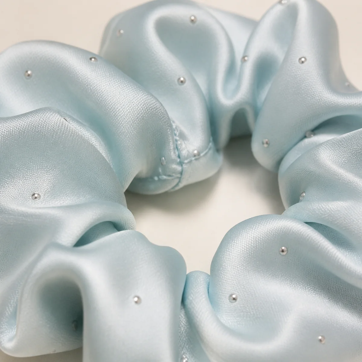 Pale Icy Mint Blue Silver Dot Satin-Like Single-Layer Hair Scrunchie for Ponytails and Buns 4