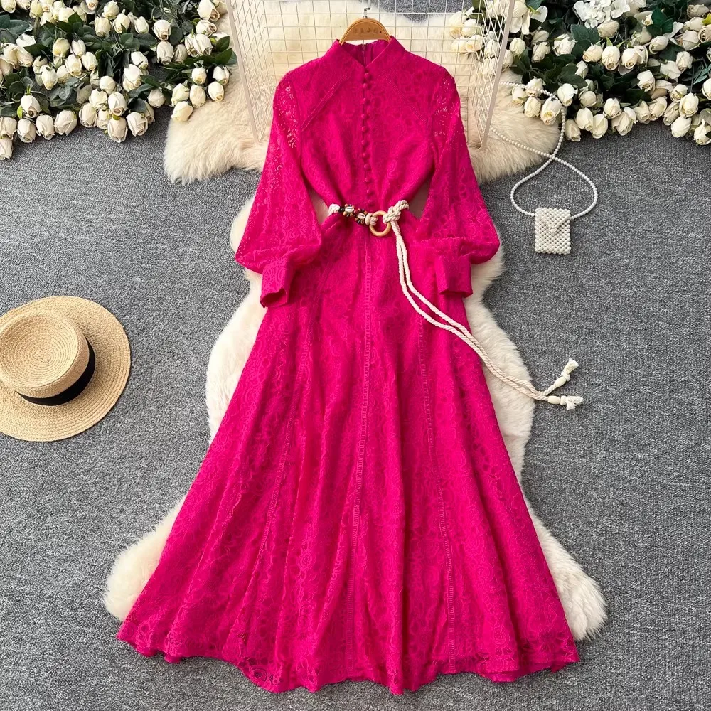 

Spring Autumn Luxury Lace Embroidery Prom Dress Women Stand Collar Single Breasted Lantern Sleeve Elegant Sashes Long Dress