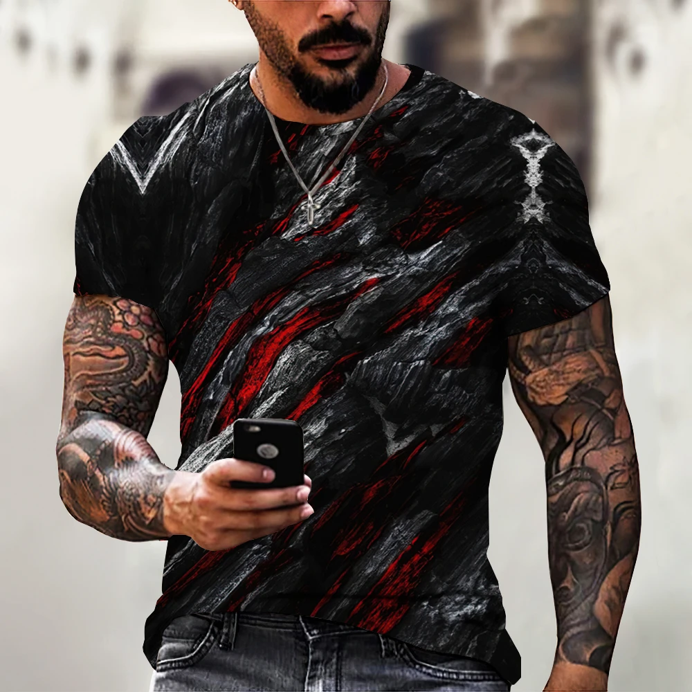 Outdoor Quality Casual Relaxed Paragraph Clothing Summer Men'S T-Shirt Short-Sleeved 3Ｄ Rock Pattern Breathable Round Neck