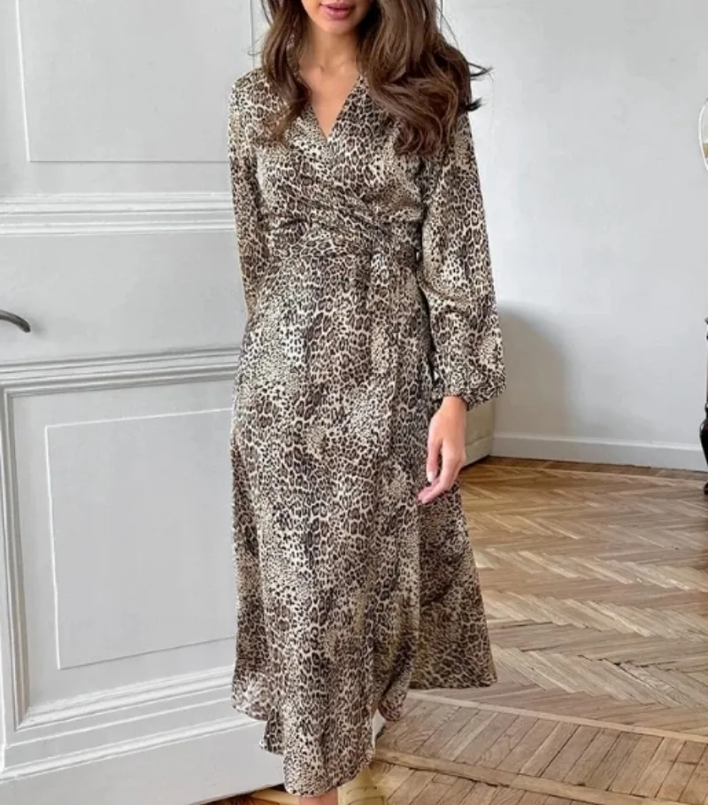 

Women's Leopard Printed V-Neck Lantern Sleeve A-Line Dress Temperament Commuting Autumn Women Elegant Lace Up High Waist Dresses