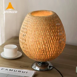 1pc EU Plug Handmade Natural Wooden Base Bamboo Weaving Table Lamp Eye Protection Bedroom Bedside Night Light E27 Light Fixtures