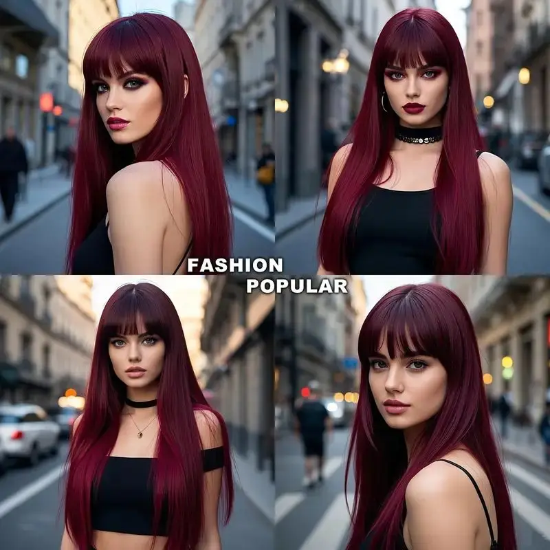 

Red Wine Color Synthetic Wig With Straight Long Bangs, Natural, Smooth, Lightweight And Breathable Synthetic Fiber Wig