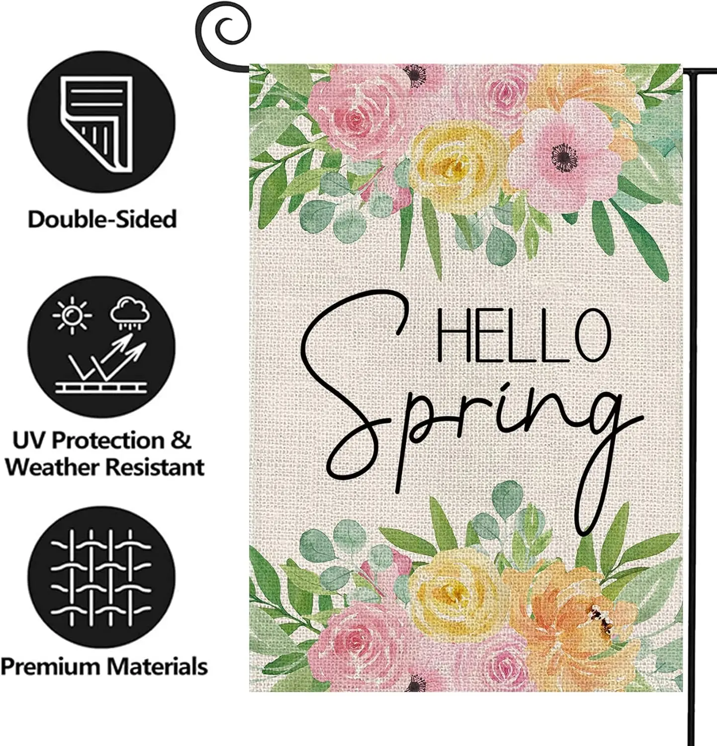 Texupday Hello Spring Colorful Floral Decoration Double Sided Vertical Burlap Garden Flag Daily Seasonal Rustic Farmhouse Holida