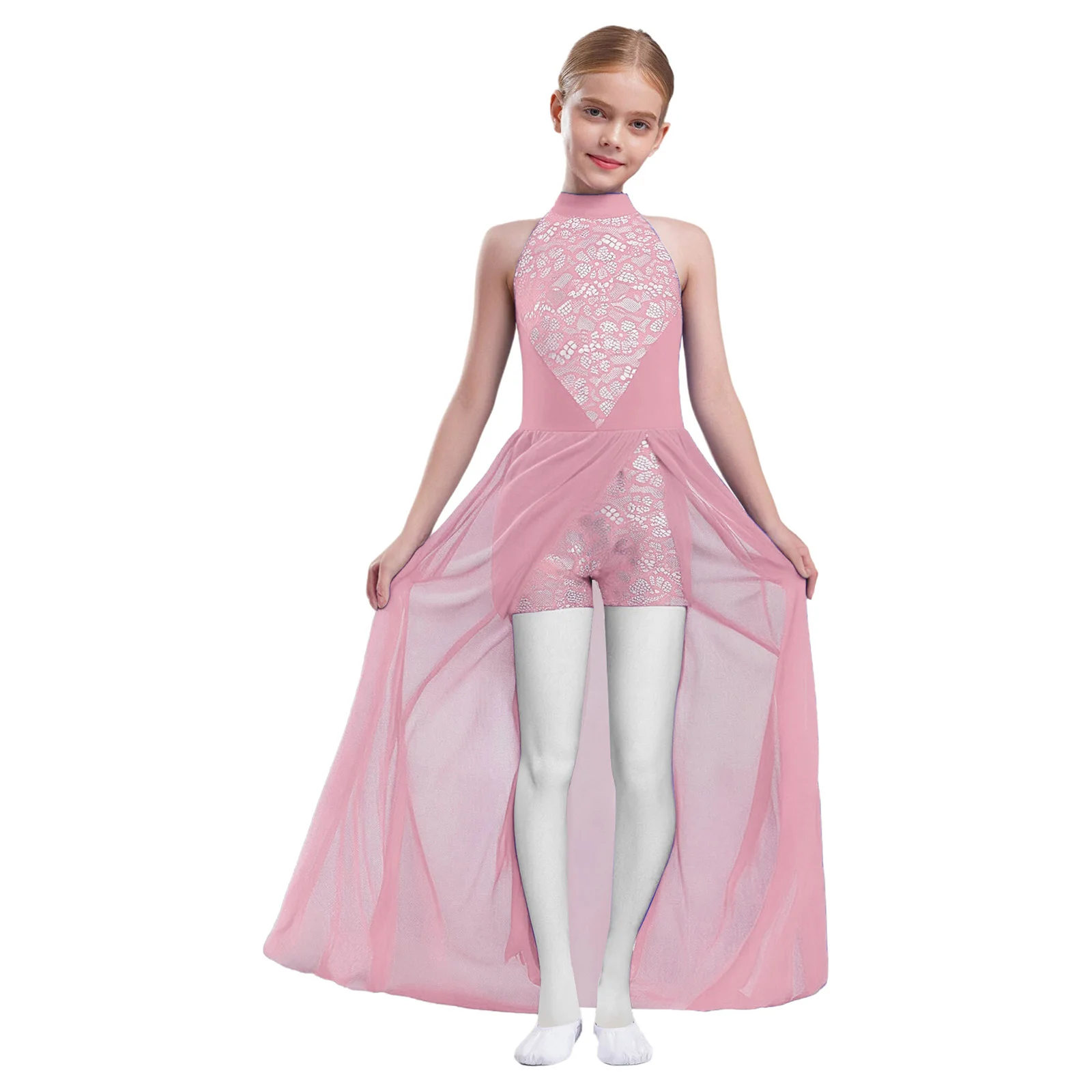 

Kids Girls Lyrical Modern Ballroom Dance Dress Floral Lace Jumpsuit with Flowy Mesh Overlay for Modern Dance Competitions Outfit