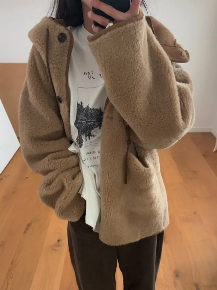 Retro sle pele e couro eepskin casaco feminino inverno novo duplo ket versátil algodão jaet dstring com capuz outerwear