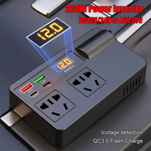 Imagen 2 del producto Convertidor de potencia del inversor del coche 200W DC 12V/24V a AC 220V con pantalla de voltaje Digital USB PD tipo C QC 3,0 interruptor del cargador