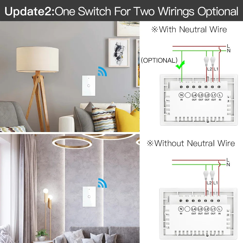 ZigBee-Interruptor de Luz Inteligente, Painel de Toque, Sem Capacitor Neutro, Tuya Smart Life, Funciona com Alexa,Google Hub e Google