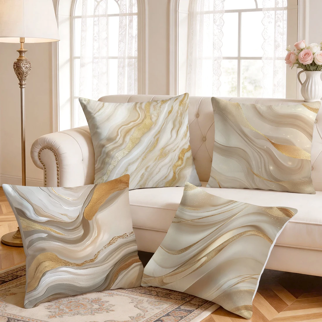 1pcs/4pcs Beige Golden Marble Cushions Pillowcase Polyester Cushion Cover Throw Pillow Pillowcover Home Car Sofa Decor - view 5