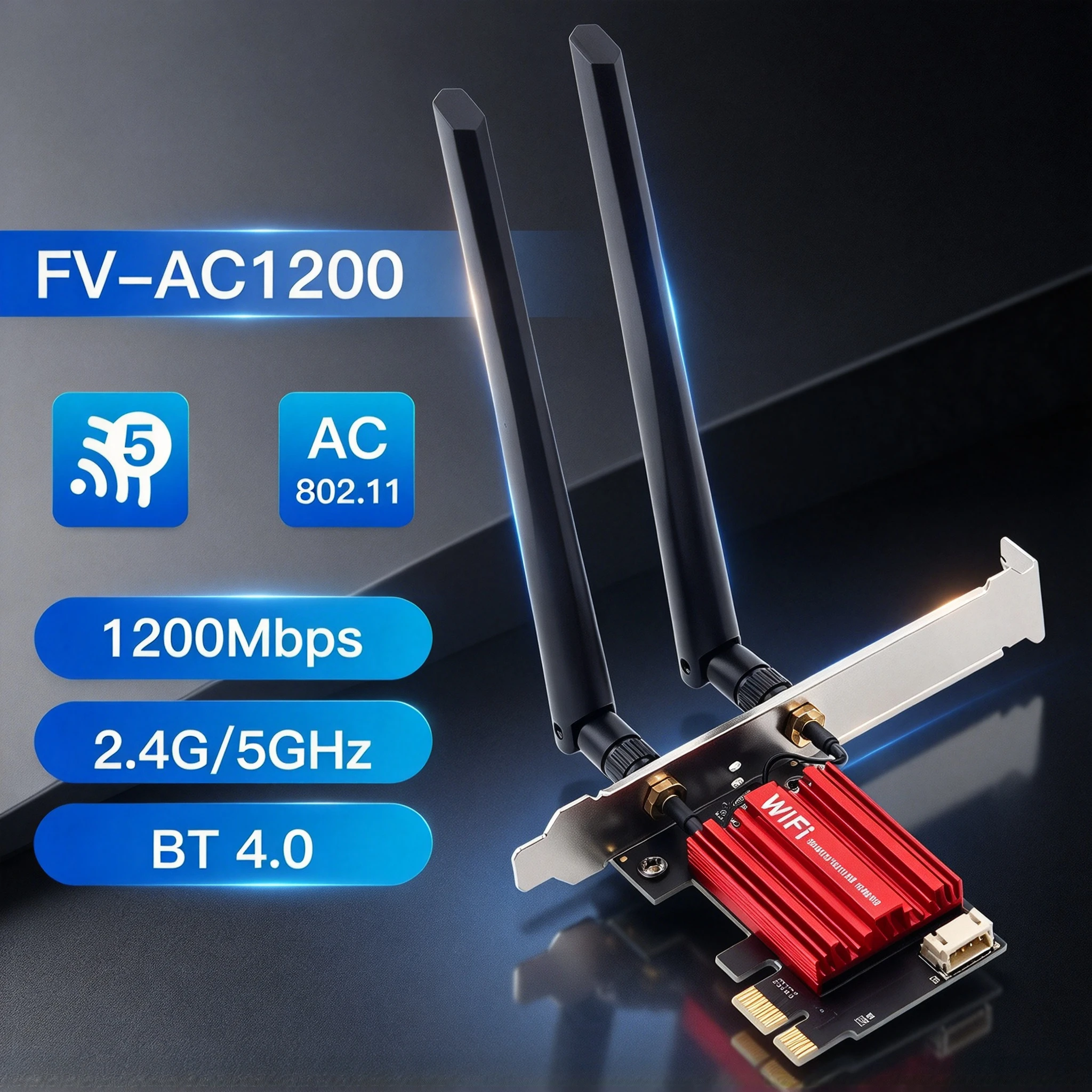 FV-AC1200 PCIE WiFi Card 1200Mbps Dual Band 2.4G 5GHz WiFi5 BT.0 Wireless Network Adapter Heatsink for Desktop PC WIN7/10/11