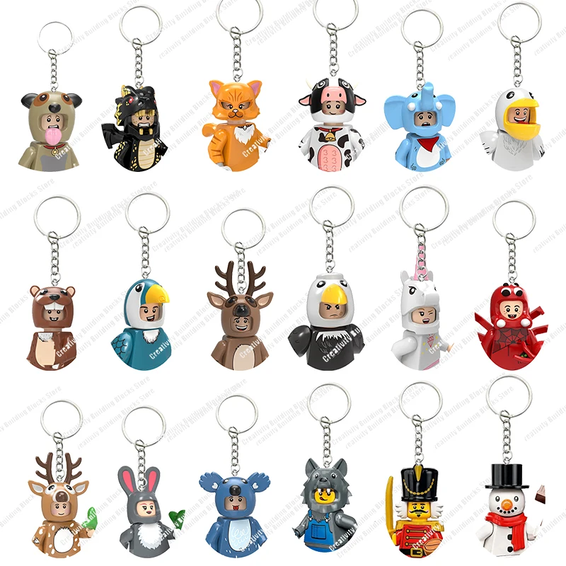 3D DIY Cartoon Figures Blocks Keychain Dinosaur Man Snowman Elephant Man Model Building Block Toy Classic Puzzle Kids Toys