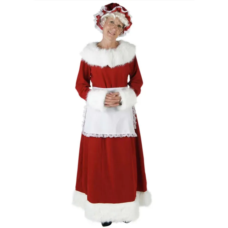 Disfraz de señora Claus para mujer, vestido clásico de terciopelo de Papá Noel, traje, vestido rojo con capó, delantal, disfraces de Navidad