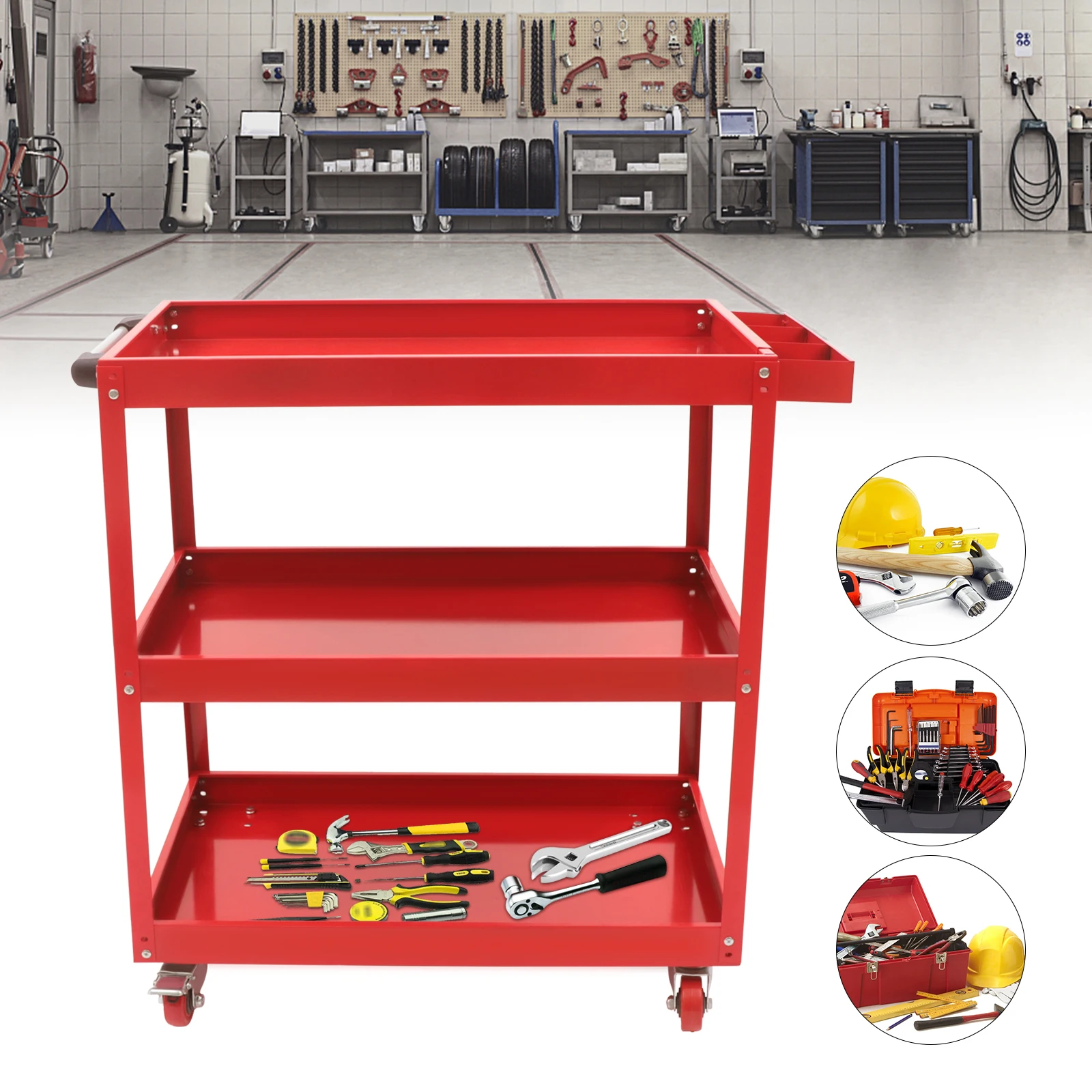 Three Layer Rolling Tool Vehicle, Industrial Service Vehicle, Heavy-Duty Steel Multifunctional Vehicle - Red