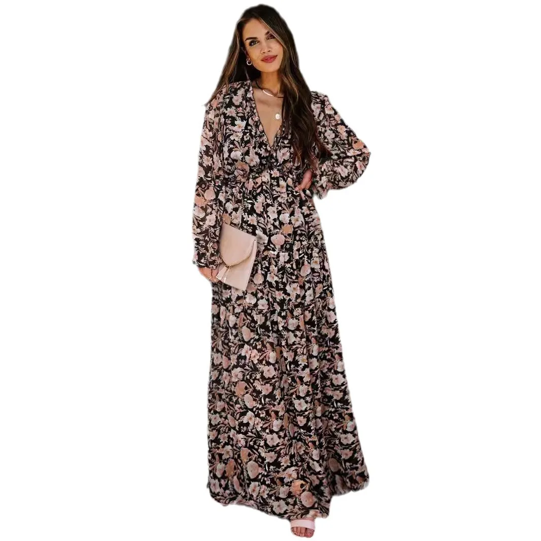 Elegante floral impressão vestido feminino primavera verão casual plissado em camadas de manga comprida chiffon uma linha longo maxi vestido festa