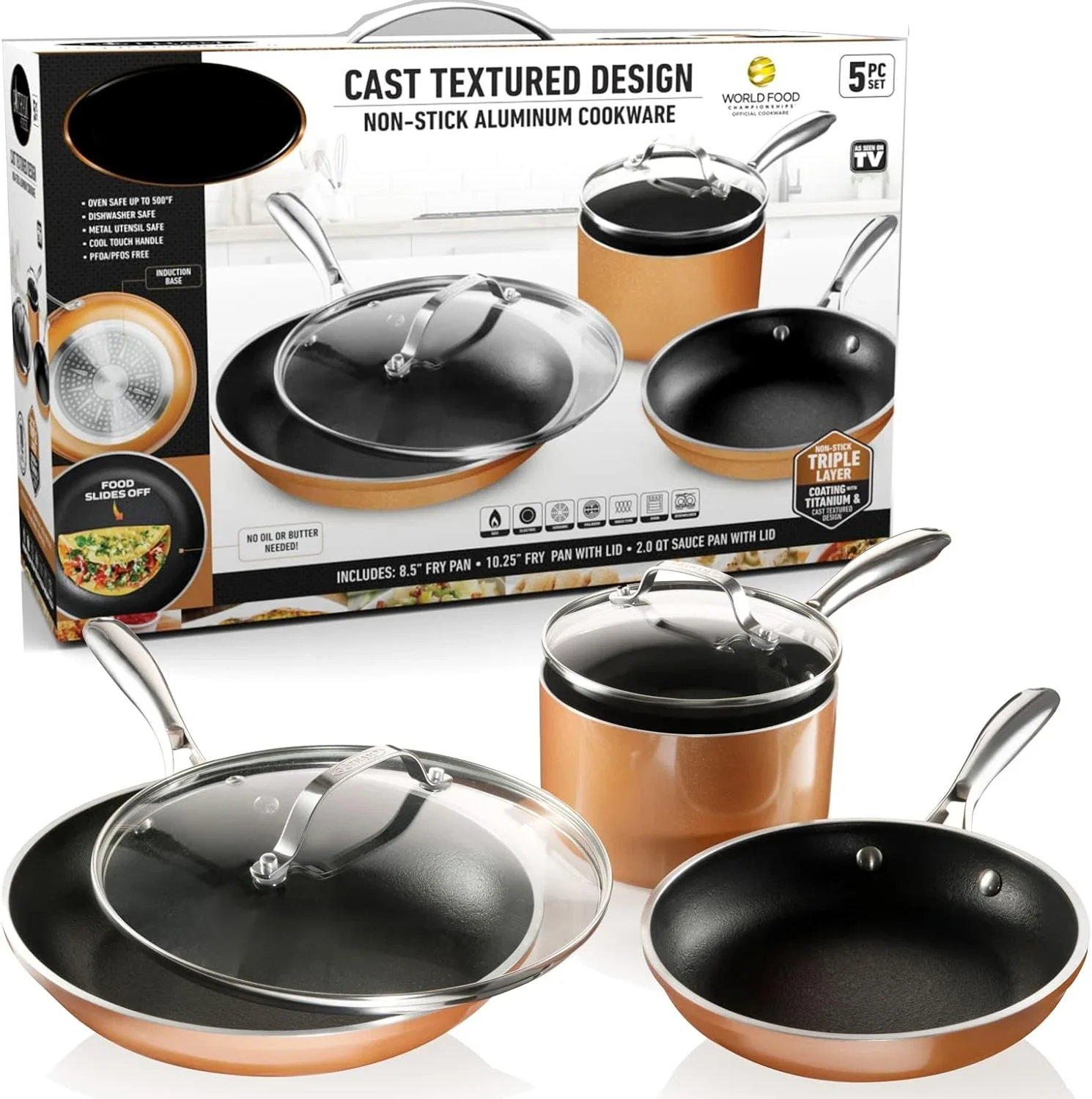 

Copper Cast 5 Piece Cookware, Pots and Pan Set with Triple Coated Nonstick Surface & Aluminum Composition for Even Heating