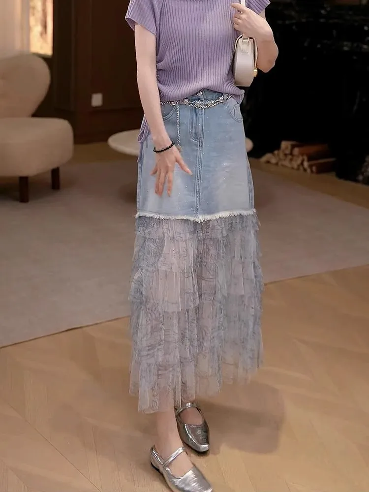 

High Waist Me Splicing Cake Sle Denim Skirt Women's Mid-Length Faionable Split Net Gown A-Line Skirt by JingGe