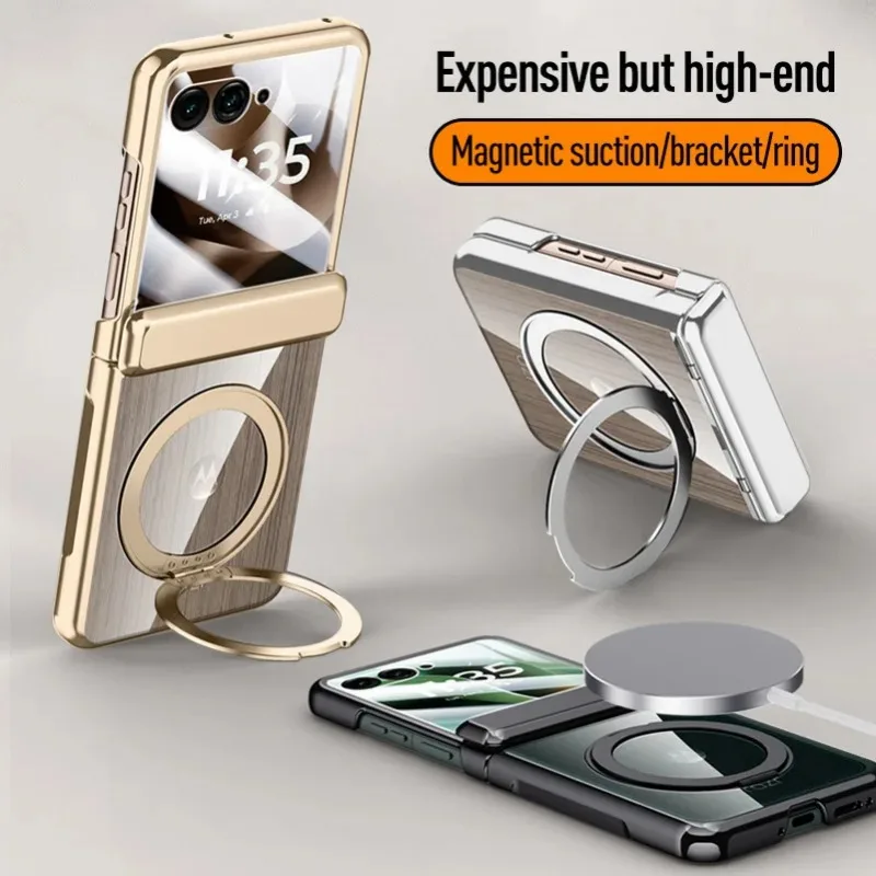 

Metal Ring Holder Magnetic Transparent Tempered Glass Film Phone Case for Motorola Razr 60 50 Ultra 2024 Spring Protection Cover