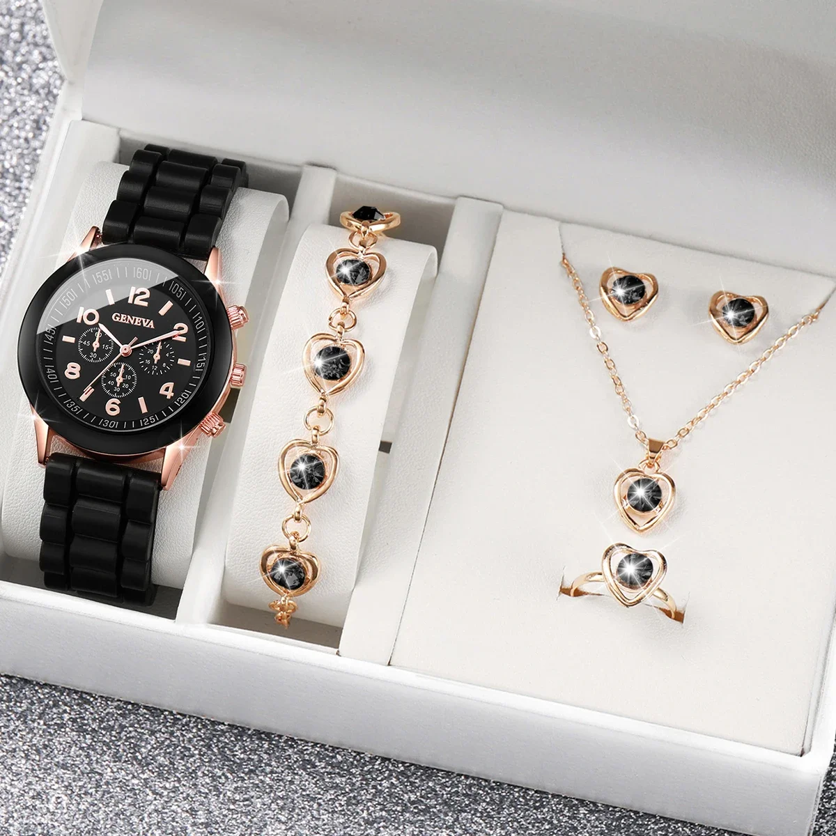 5Pcs Heart Crystal Watch Jewelry Set Women Geneva White Silicone Chronograph Quartz Wristwatch Matching Heart Jewelry Gift