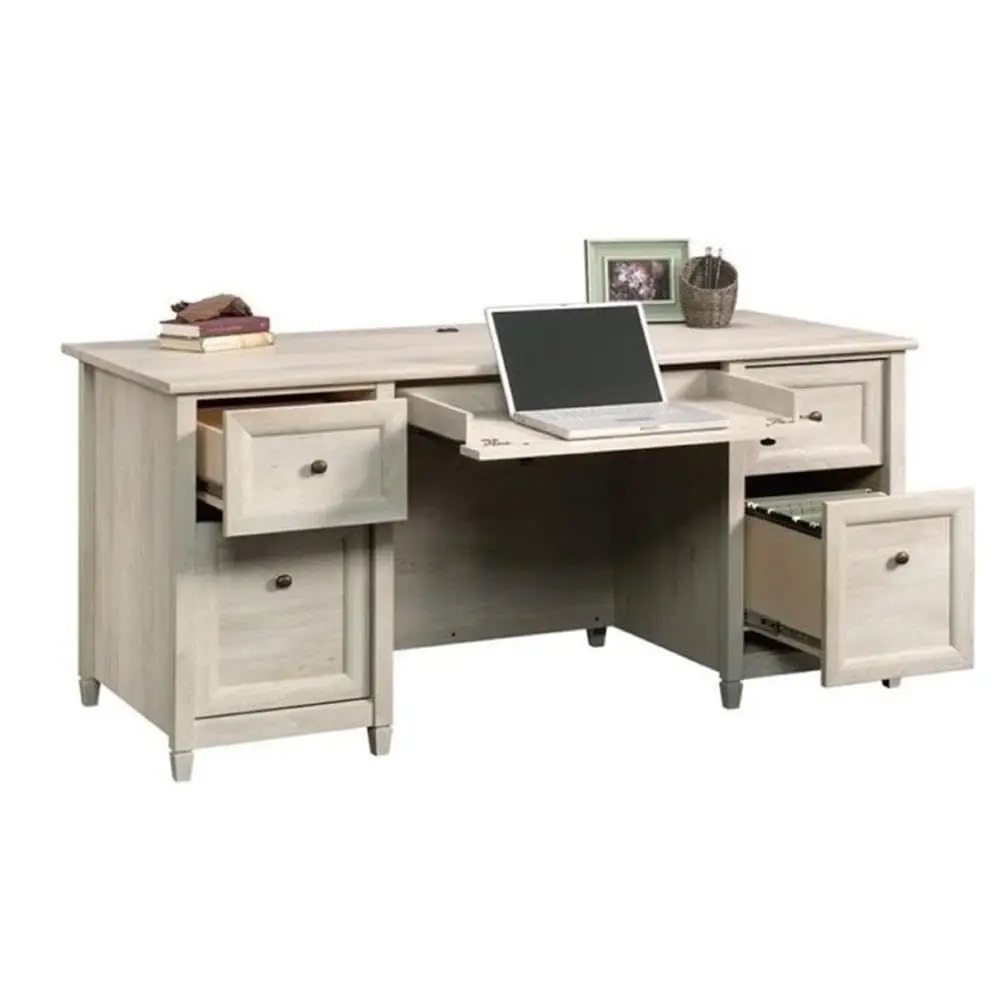 

Engineered Wood Office Computer Desk, 65 in Wide, Chalked Chestnut Finish, 4 Drawers with File Storage, FlipDown Panel, Grommet