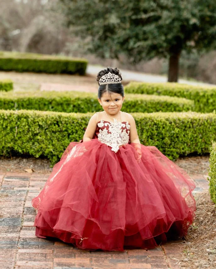 Customized  Red Mini Quinceanera Dresses Mexican Prom Dresses Tulle Floral Girls Gowns Wedding Pageant Dresses Kids Baby