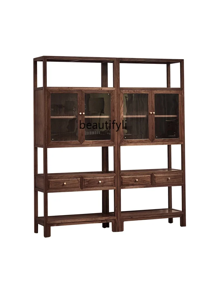 V New Chinese Style Solid Wood Bookcase Log Display Stand Floor Shelf Antique Shelf Study Tea Cabinet