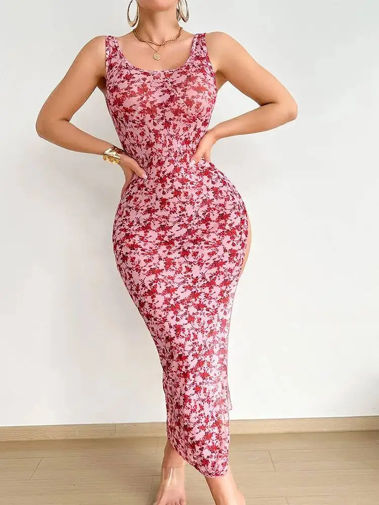 Sexy Erotische Nachthemd Für Frauen Floral Strap Kleid Mit Schlitz Nachthemd Backless Rundhals Ärmelloses Langes Kleid Schöne Q6I7